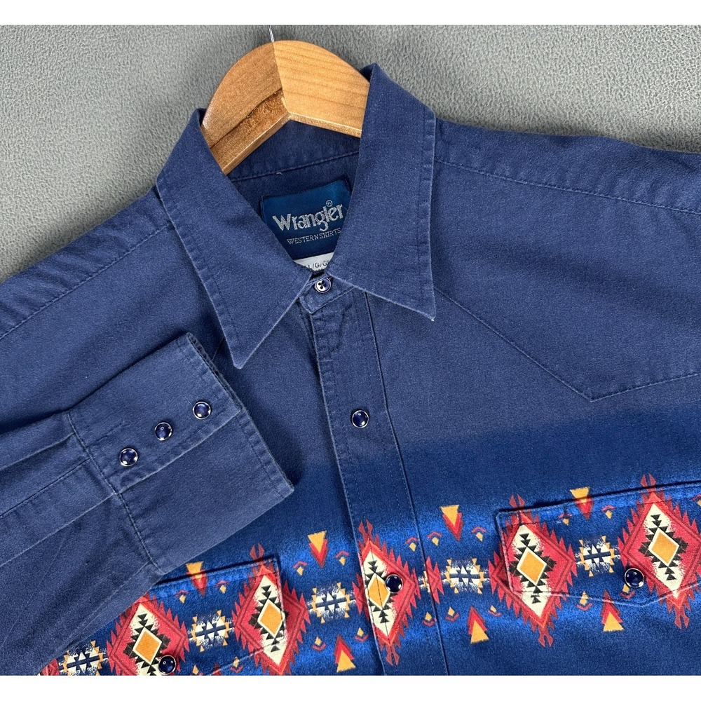Wrangler Pearl Snap Shirt Mens Large Blue Aztec Ikat Navajo Western Cowboy